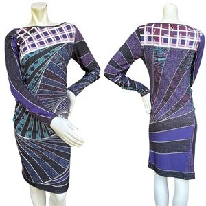 Save the Queen Purple Psychedelic Print Slinky Long Sleeve Dress Size small